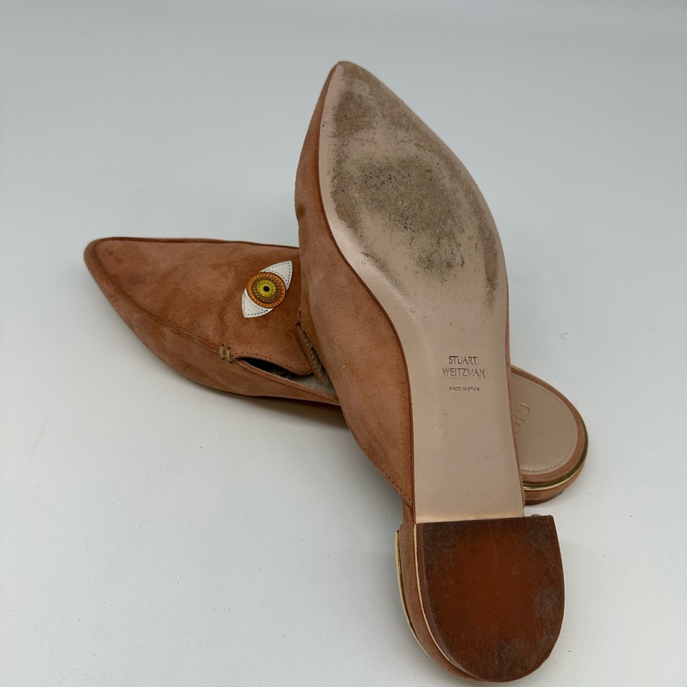 Stuart Weitzman x Gigi Brown Suede Shearling Mules with Evil Eye - Picture 3 of 5